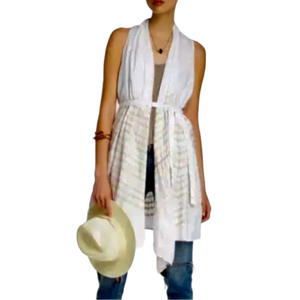 Johnny Was White Linen Embroidered Belted Longline Vest Top Women’s Medium